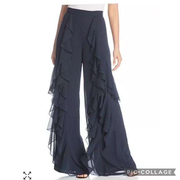 Badgley Mischka Cascading Ruffle Wide Leg High Waist Pants in Navy Blue - Picture 2 of 13